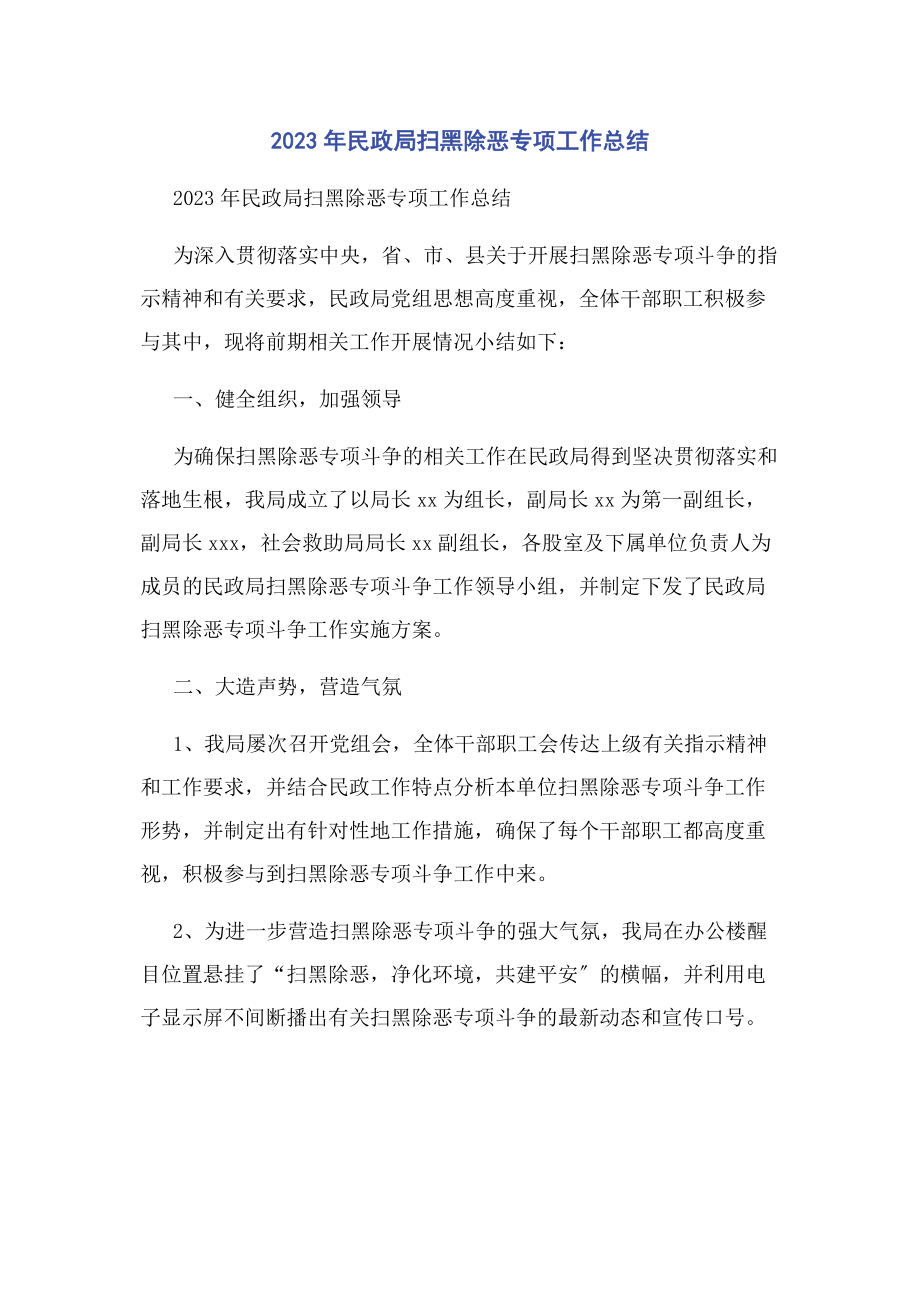 2023年民政局扫黑除恶专项工作总结.docx_第1页