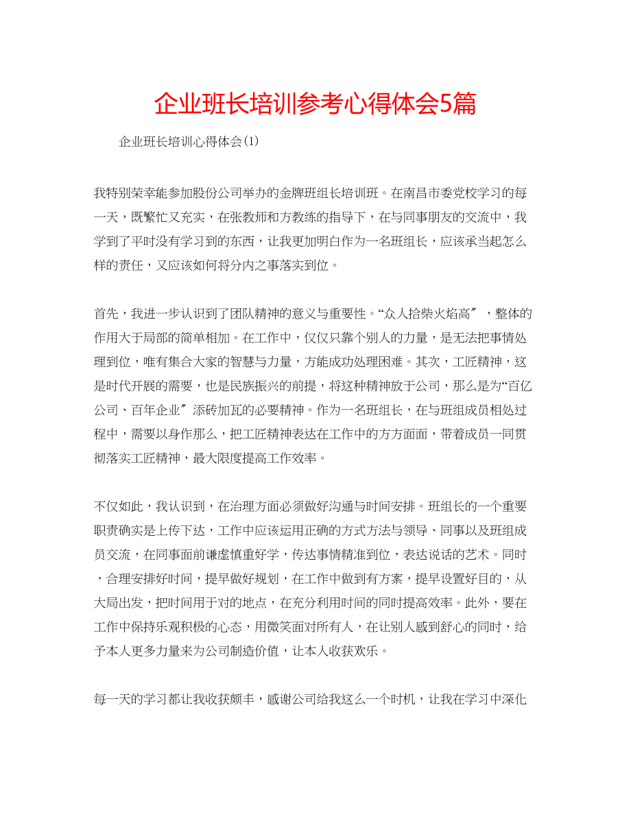 2023年企业班长培训心得体会5篇.docx_第1页