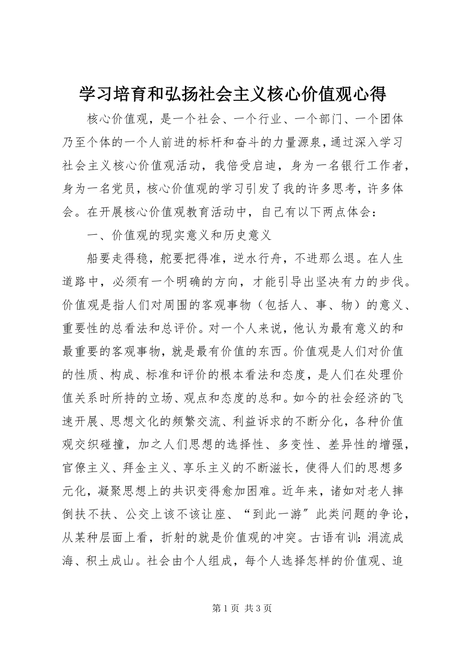 2023年学习《培育和弘扬社会主义核心价值观》心得.docx_第1页