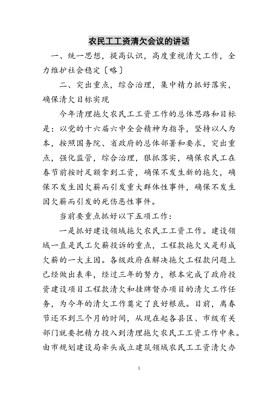 2023年农民工工资清欠会议的讲话范文.doc_第1页