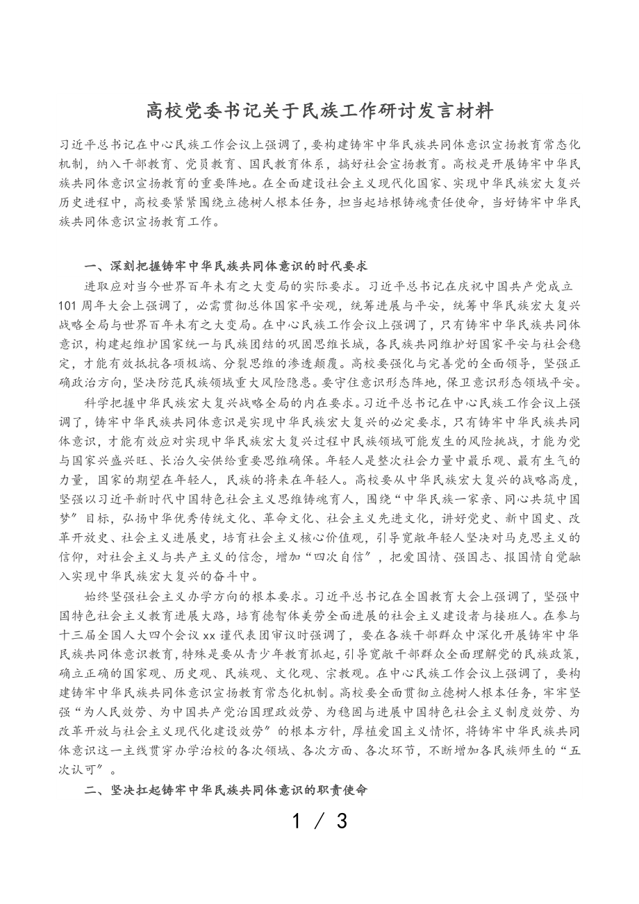 2023年大学党委书记关于民族工作研讨发言材料.doc_第1页