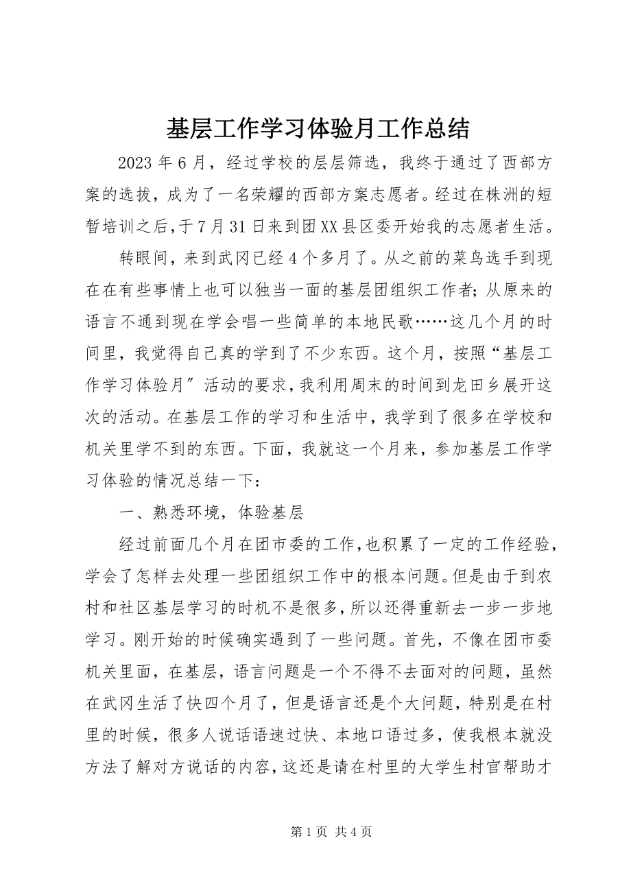 2023年基层工作学习体验月工作总结.docx_第1页