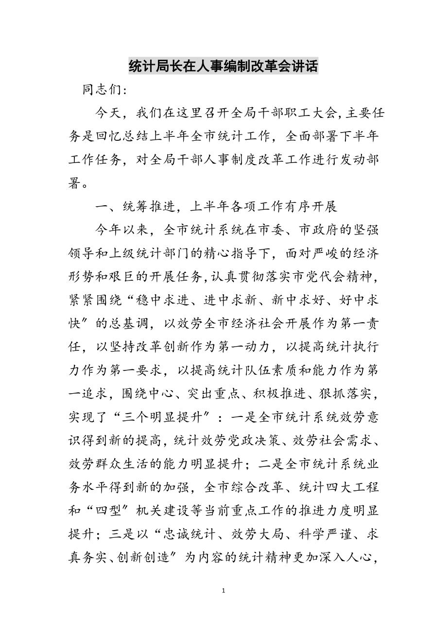 2023年统计局长在人事编制改革会讲话范文.doc_第1页