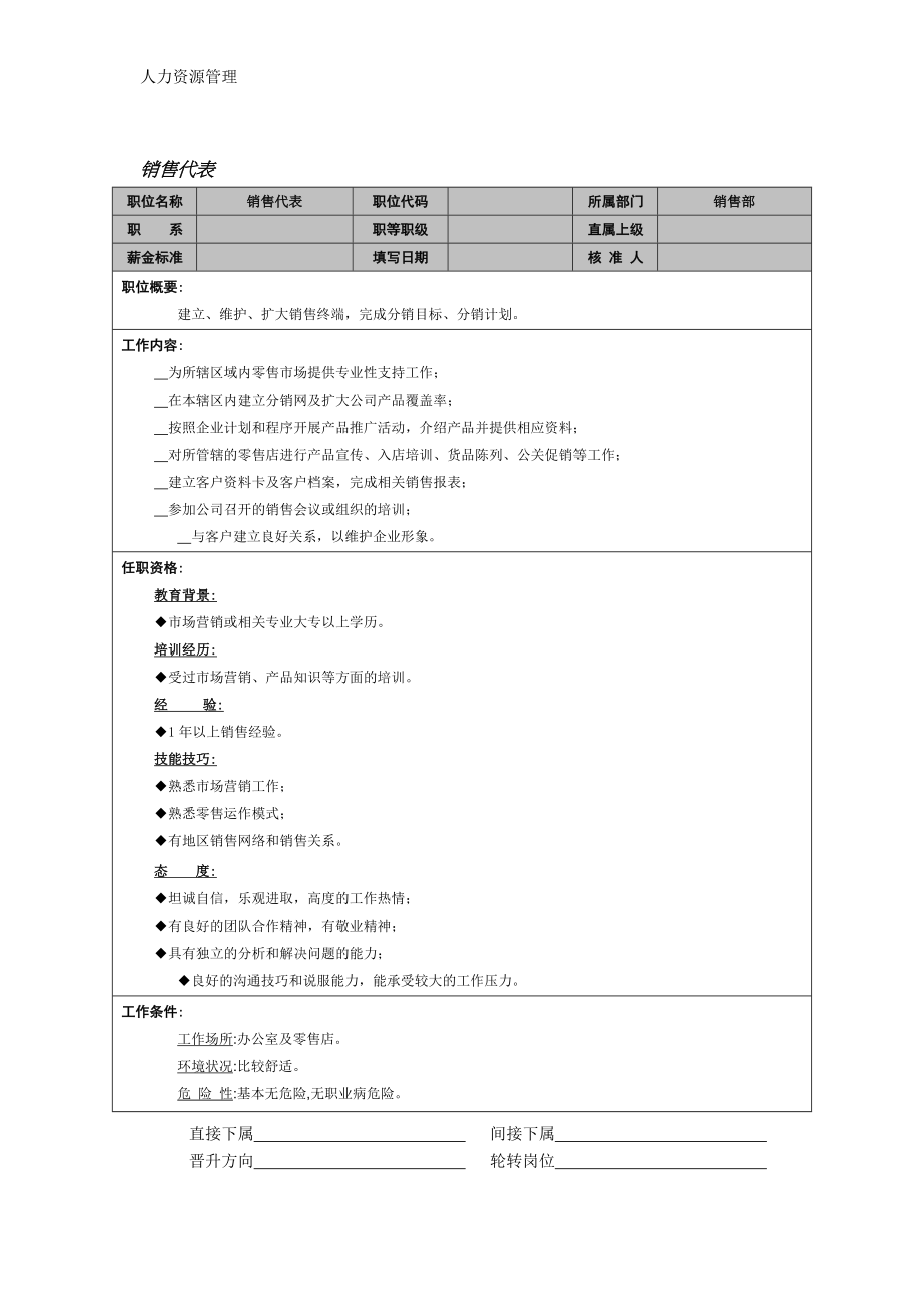 人力资源管理 企业管理 岗位说明 销售代表.docx_第1页