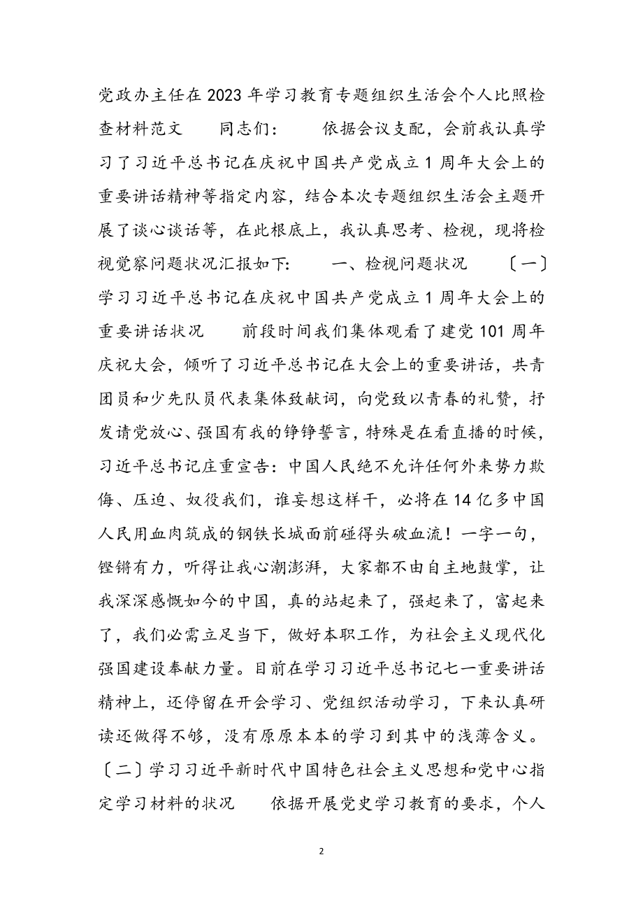 党政办主任在2023年学习教育专题组织生活会个人对照检查材料 .docx_第2页