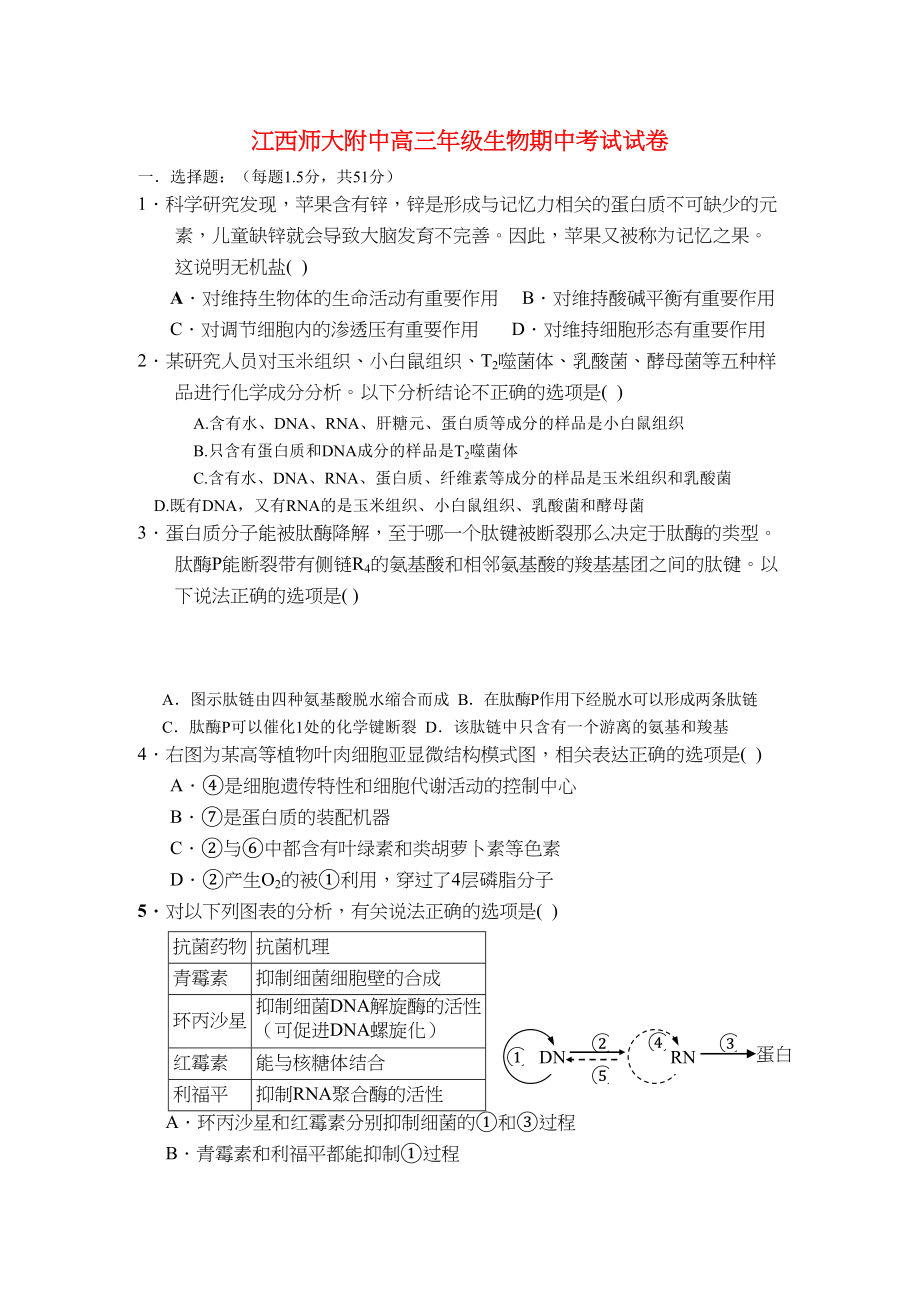 2023年江西省高三生物期中考试新人教版.docx_第1页