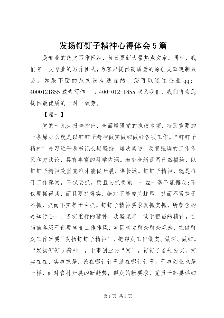 2023年发扬钉钉子精神心得体会5篇.docx_第1页