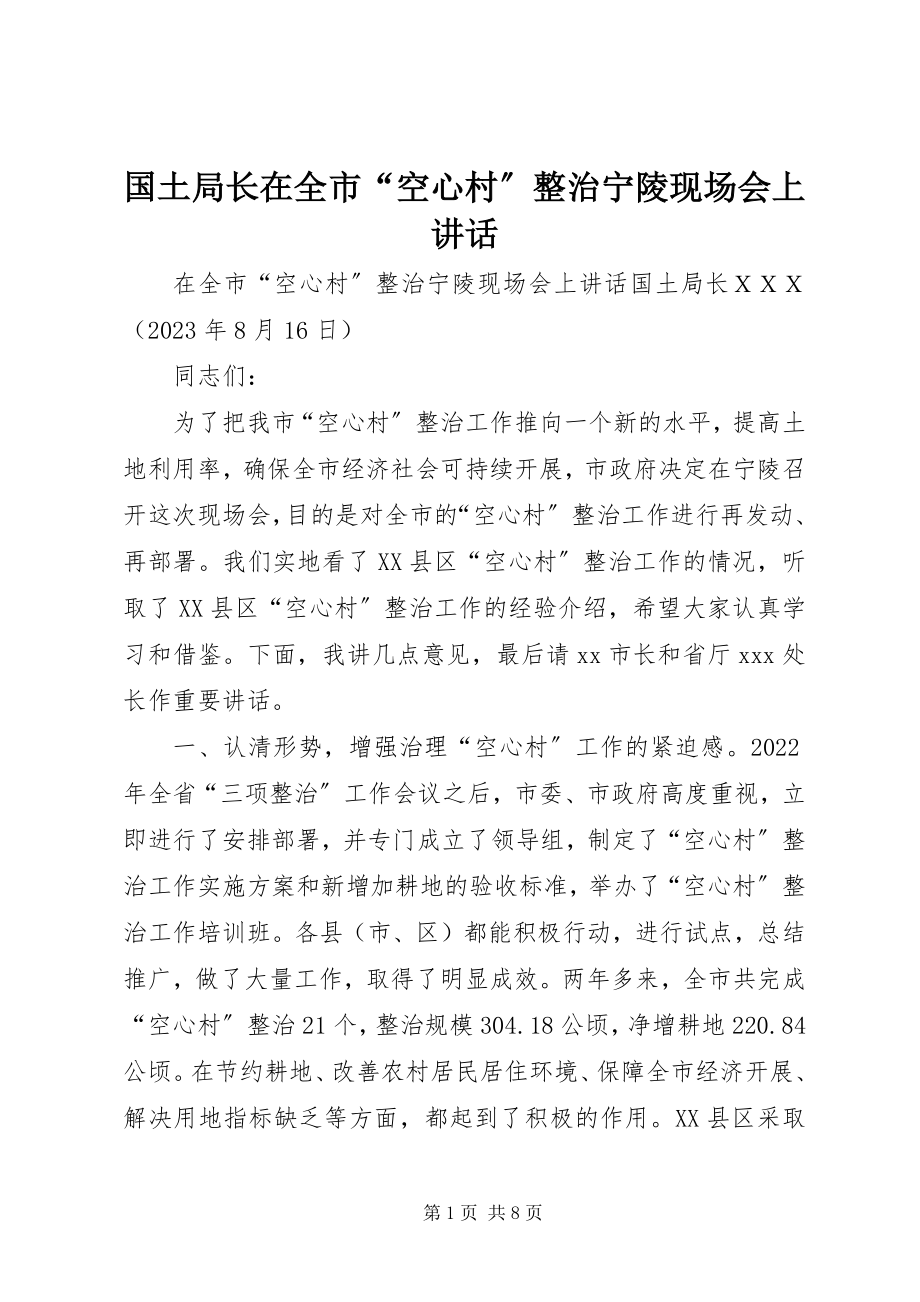 2023年国土局长在全市“空心村”整治宁陵现场会上致辞.docx_第1页