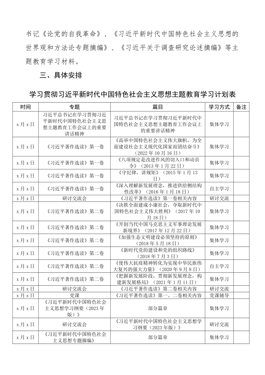 学习贯彻新时代特色思想主题教育学习计划含表格 .docx_第2页