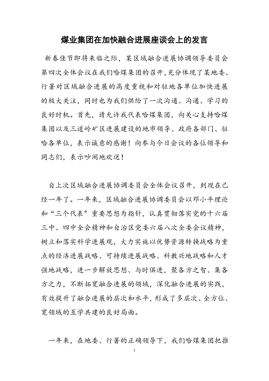 2023年煤业集团在加快融合发展座谈会上的发言.doc_第1页