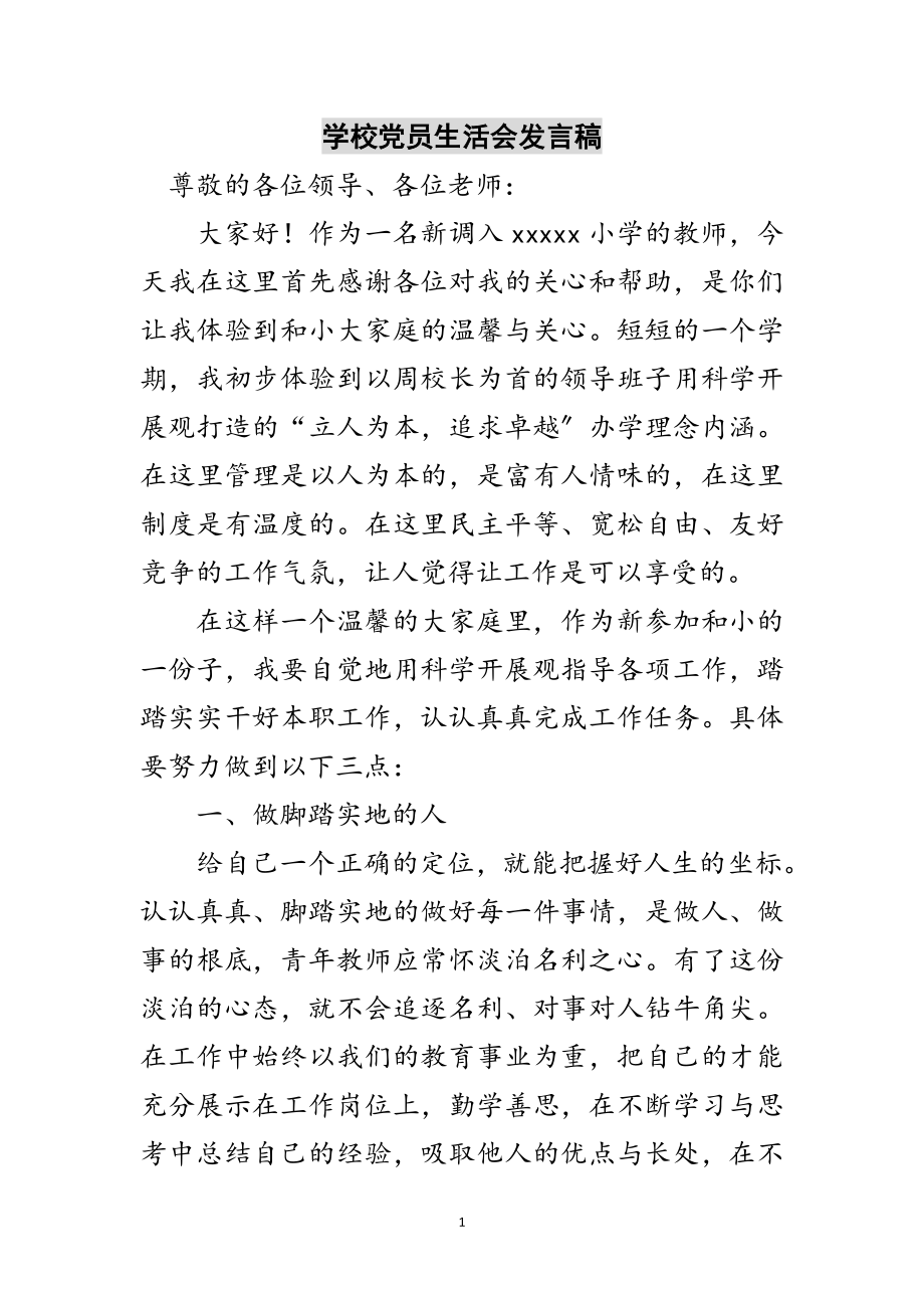 2023年学校党员生活会发言稿范文.doc_第1页