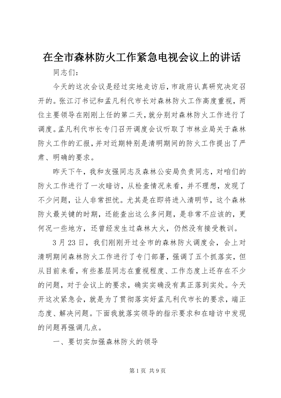 2023年在全市森林防火工作紧急电视会议上的致辞.docx_第1页