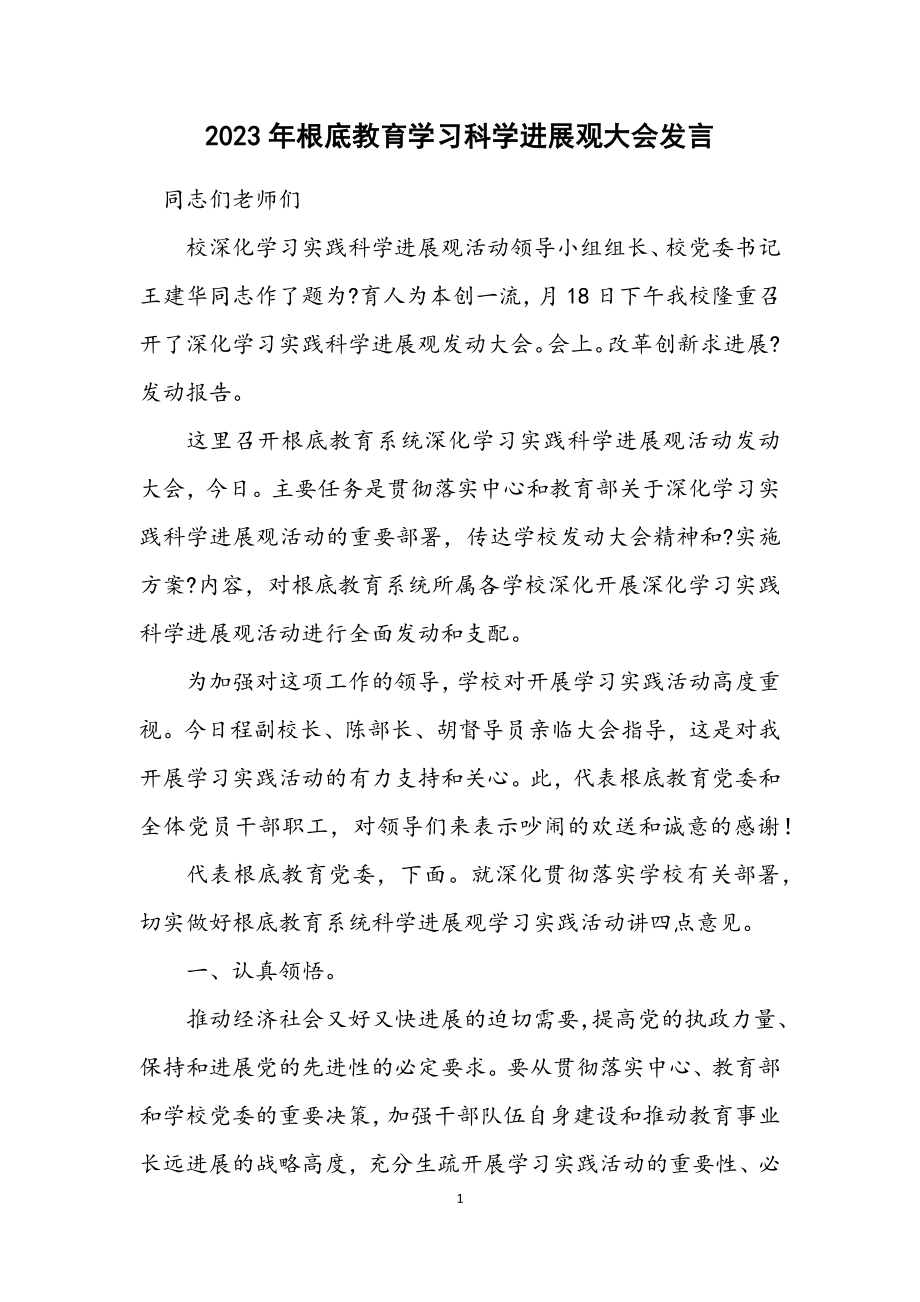 2023年基础教育学习科学发展观大会发言.docx_第1页