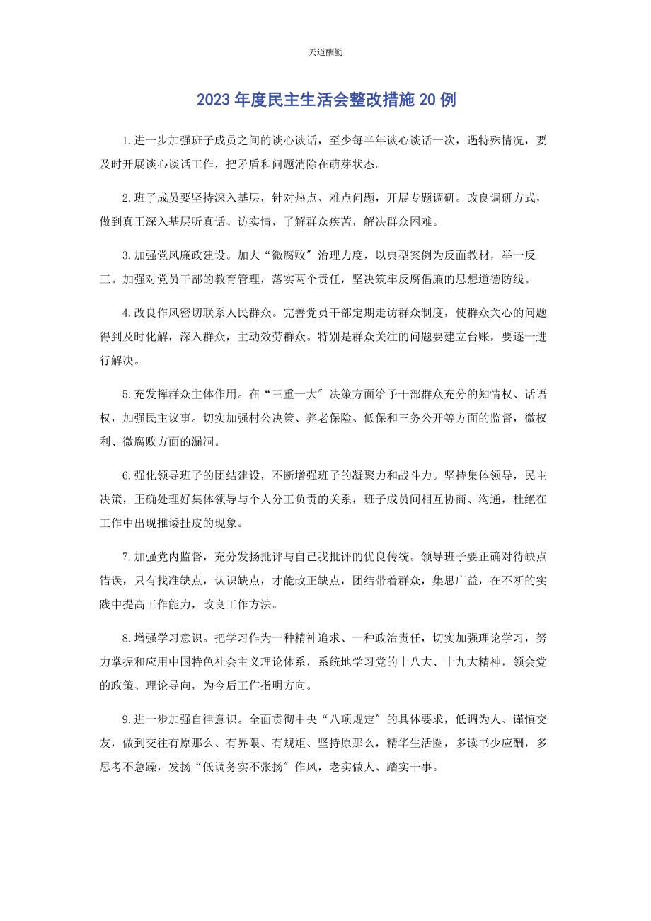 2023年度民主生活会整改措施例.docx_第1页