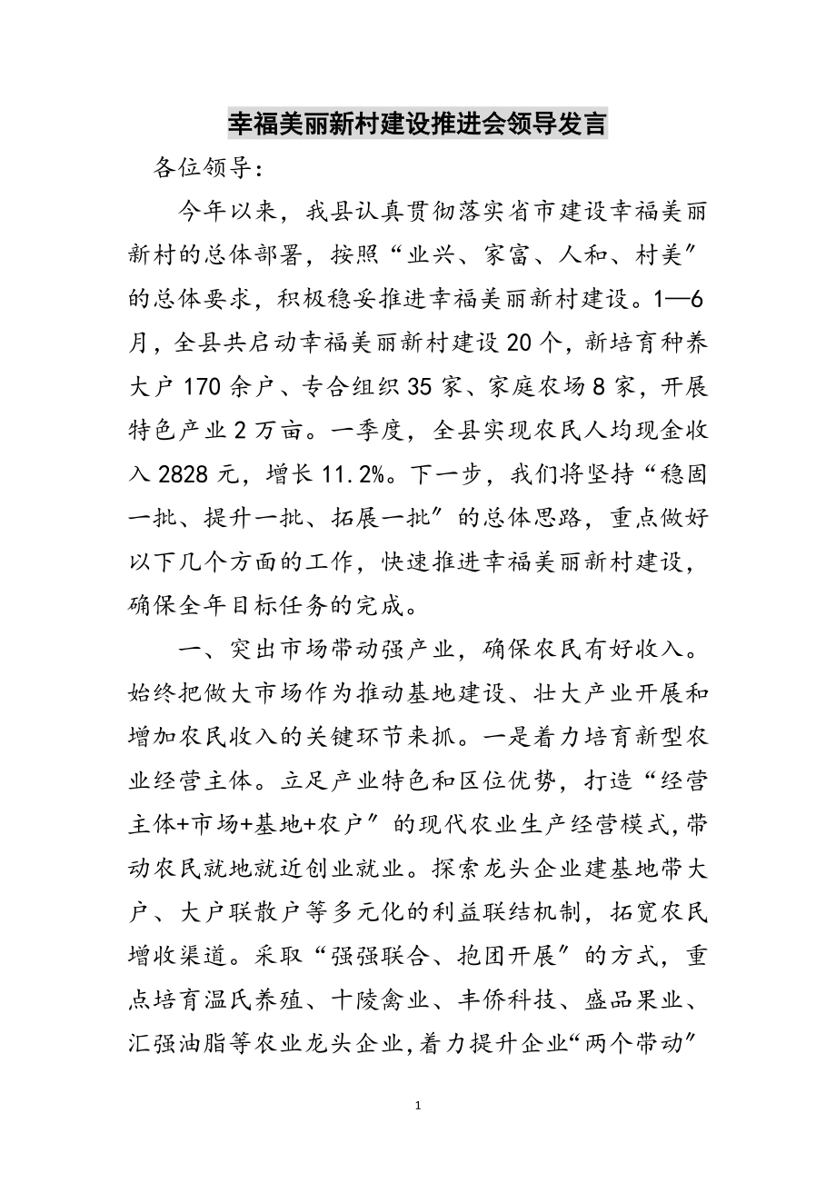 2023年幸福美丽新村建设推进会领导发言范文.doc_第1页