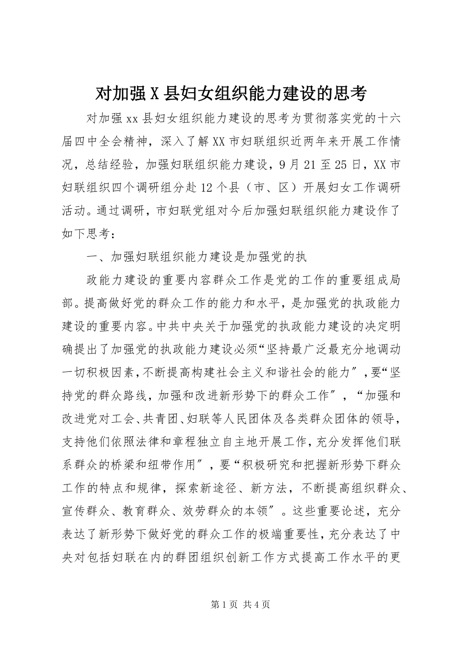 2023年对加强X县妇女组织能力建设的思考.docx_第1页