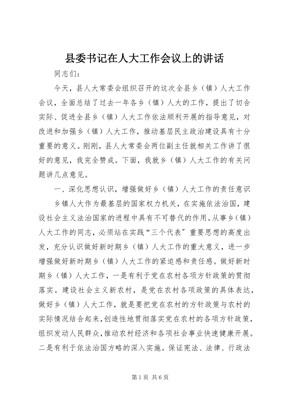 2023年县委书记在人大工作会议上的致辞.docx_第1页