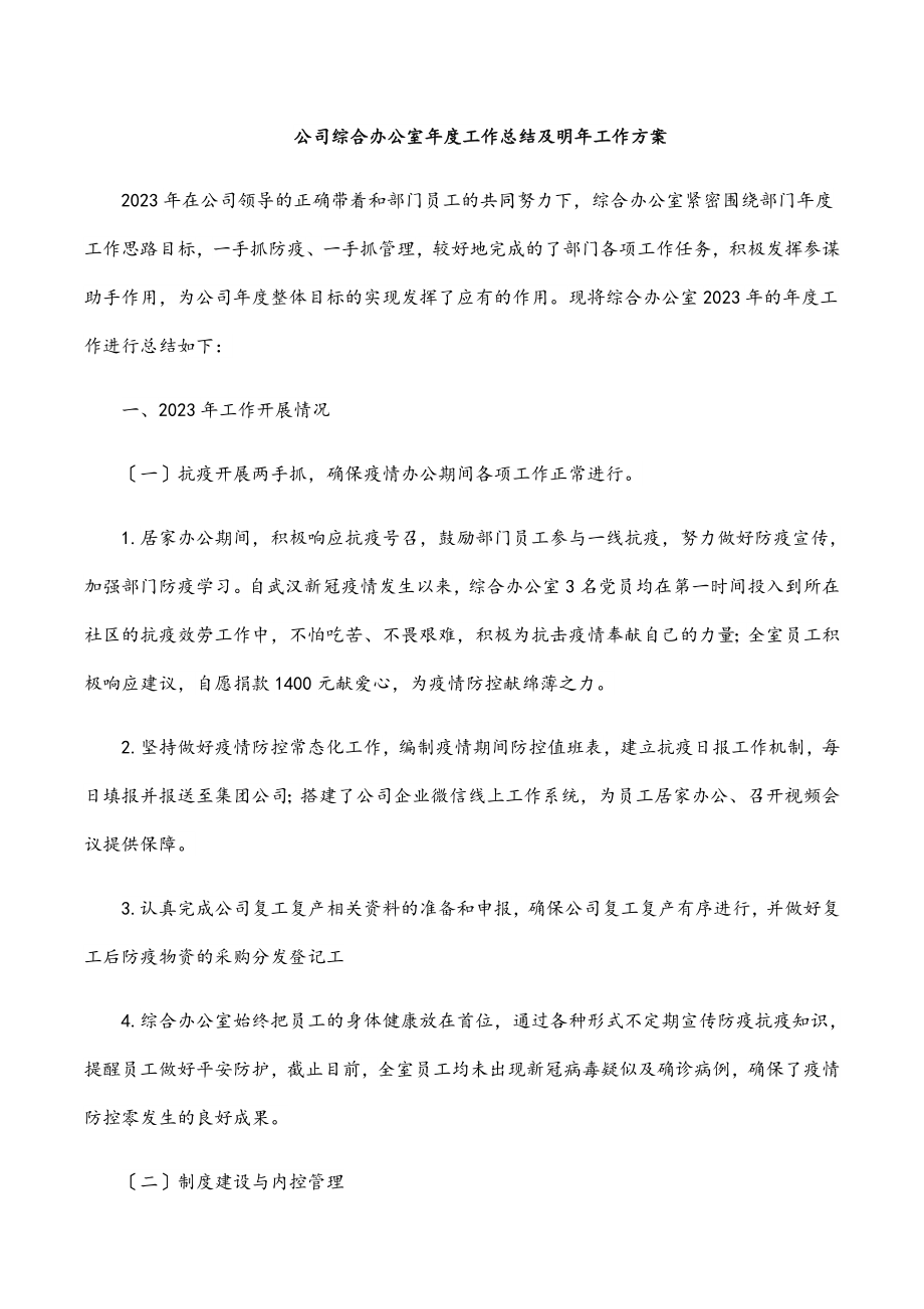 公司综合办公室年度工作总结及明年工作计划范文.docx_第1页