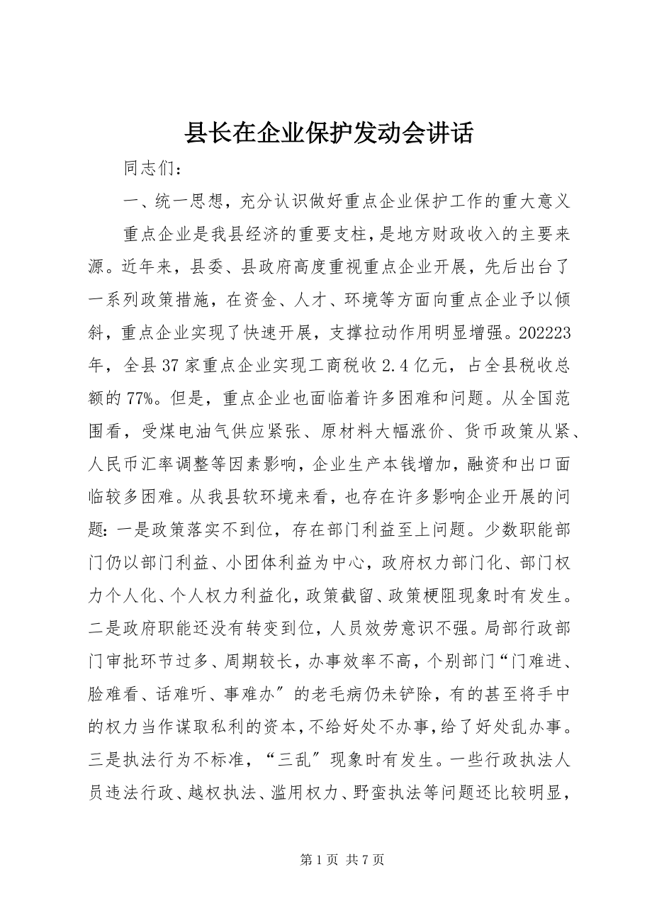 2023年县长在企业保护动员会致辞.docx_第1页