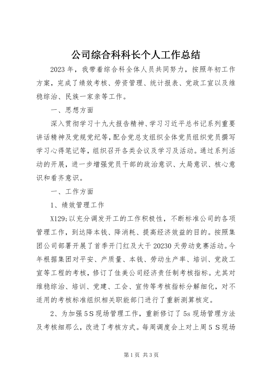 2023年公司综合科科长个人工作总结.docx_第1页