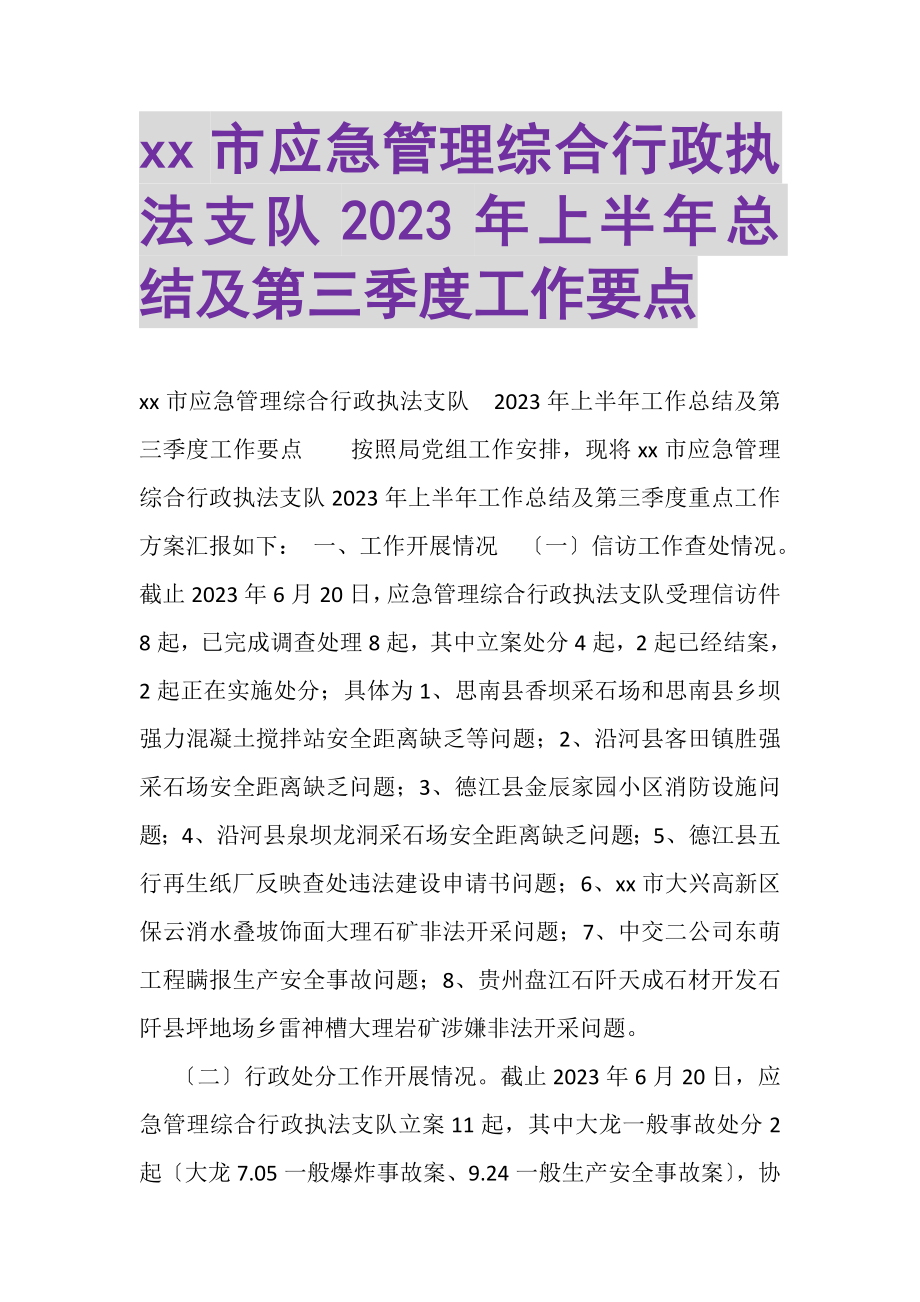 2023年市应急管理综合行政执法支队上半年总结及第三季度工作要点.doc_第1页