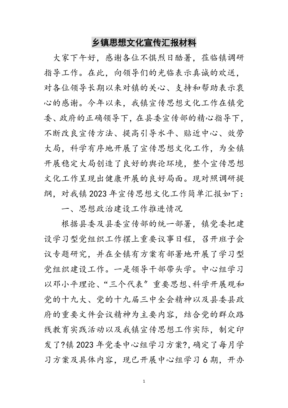 2023年乡镇思想文化宣传汇报材料范文.doc_第1页