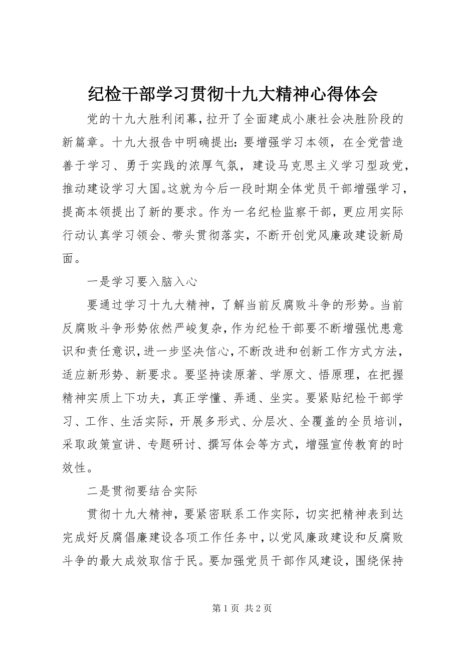 2023年纪检干部学习贯彻十九大精神心得体会.docx_第1页