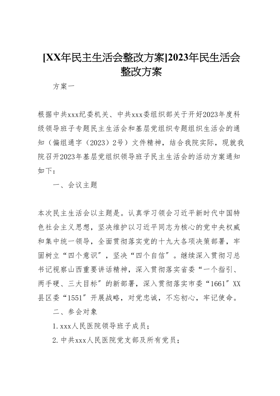 2023年年民主生活会整改方案民生活会整改方案.doc_第1页