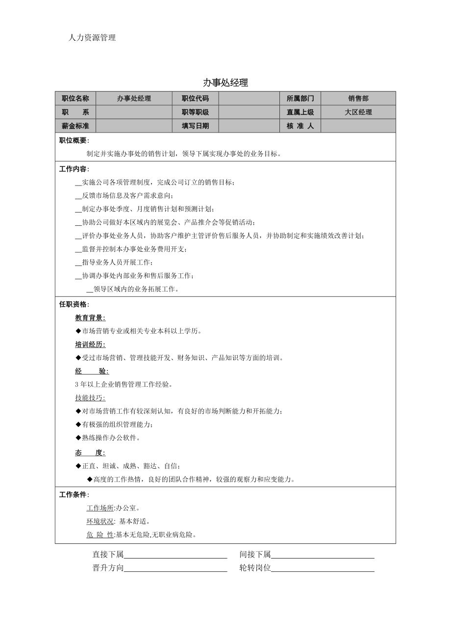 人力资源管理 企业管理 岗位说明 办事处经理职能说明书.docx_第1页