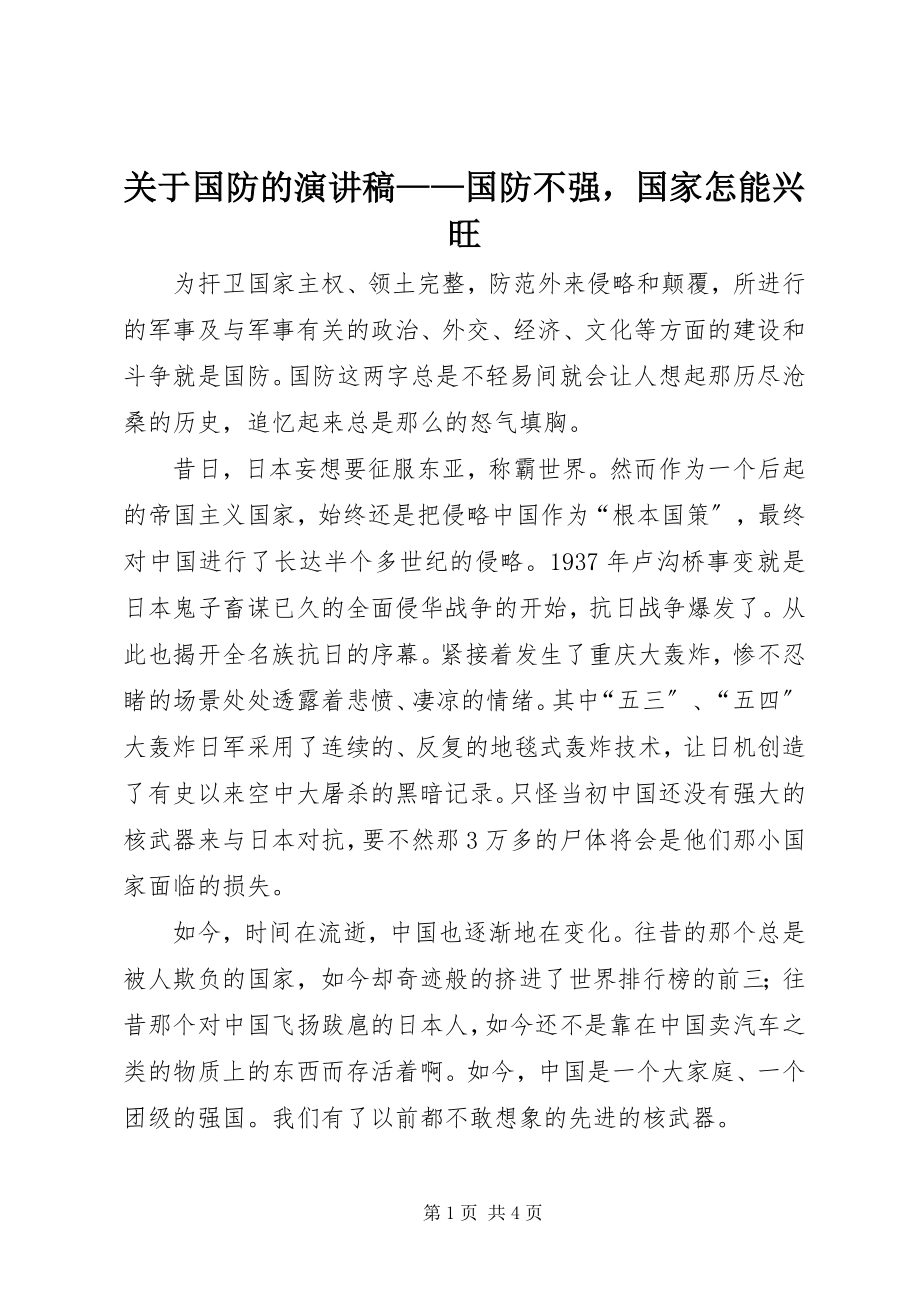 2023年国防的演讲稿国防不强国家怎能兴旺.docx_第1页