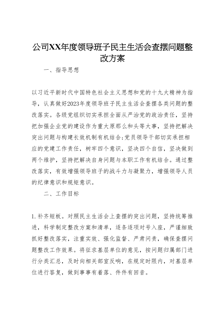 2023年公司年度领导班子民主生活会查摆问题整改方案.doc_第1页