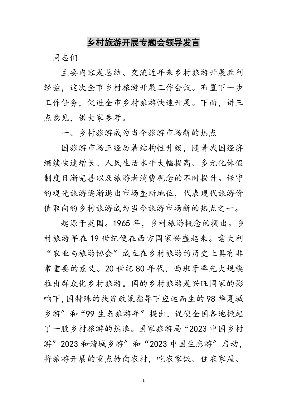 2023年乡村旅游发展专题会领导发言范文.doc_第1页