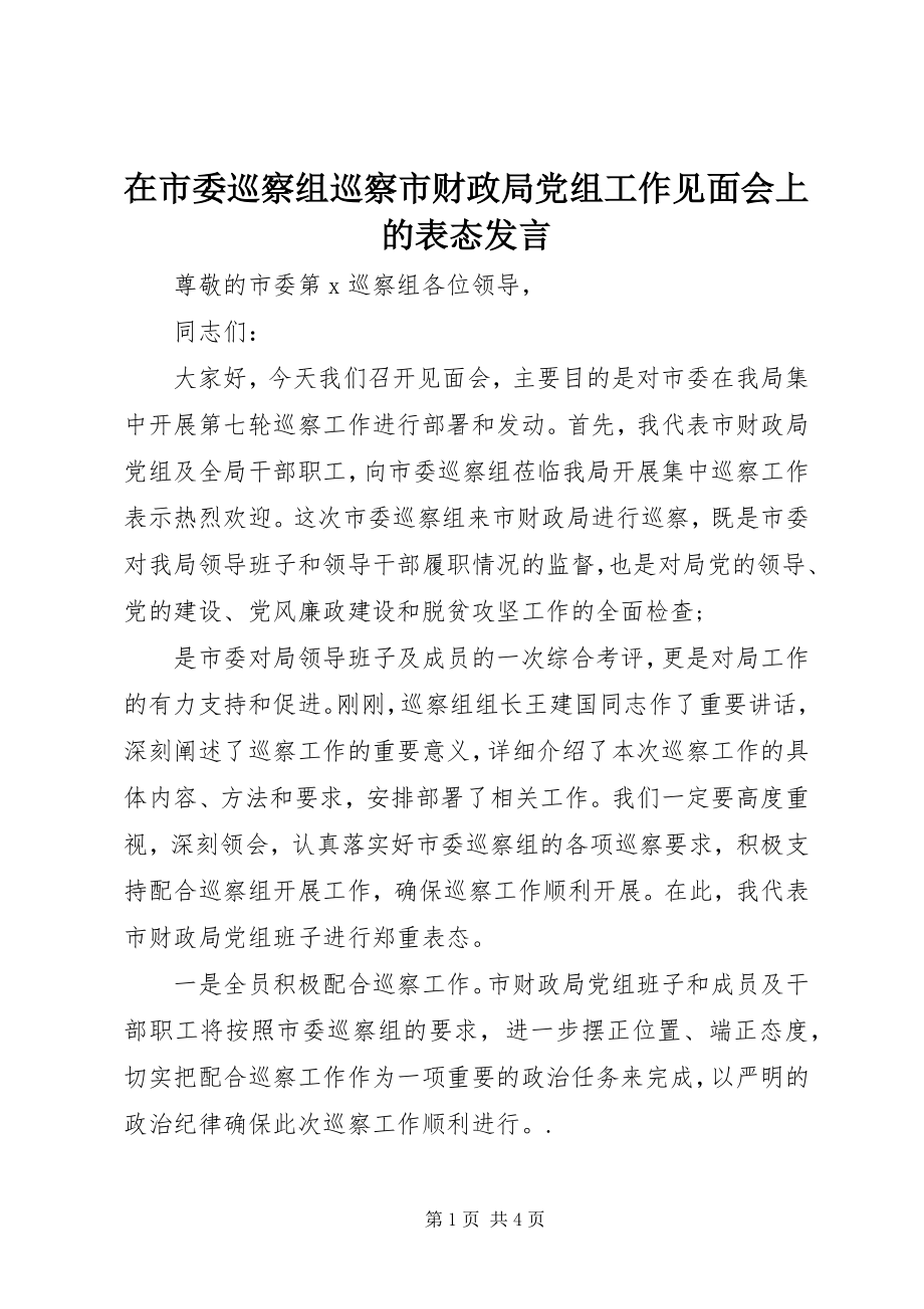 2023年在市委巡察组巡察市财政局党组工作见面会上的表态讲话.docx_第1页