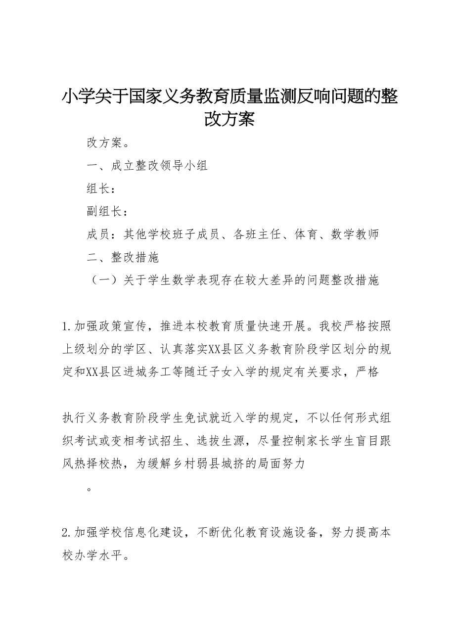 2023年小学关于国家义务教育质量监测反馈问题的整改方案.doc_第1页