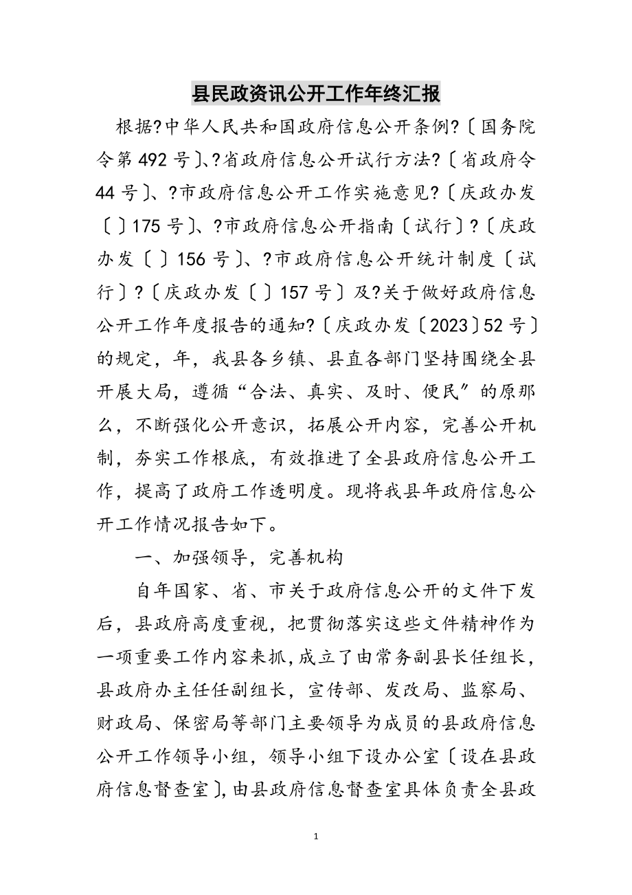 2023年县民政资讯公开工作年终汇报范文.doc_第1页