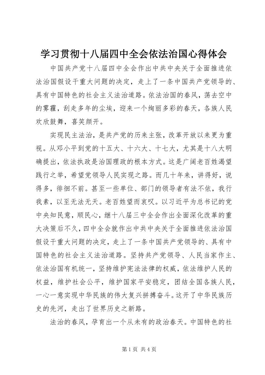 2023年学习贯彻十八届四中全会依法治国心得体会.docx_第1页