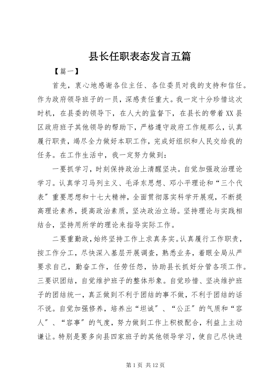 2023年县长任职表态讲话五篇.docx_第1页