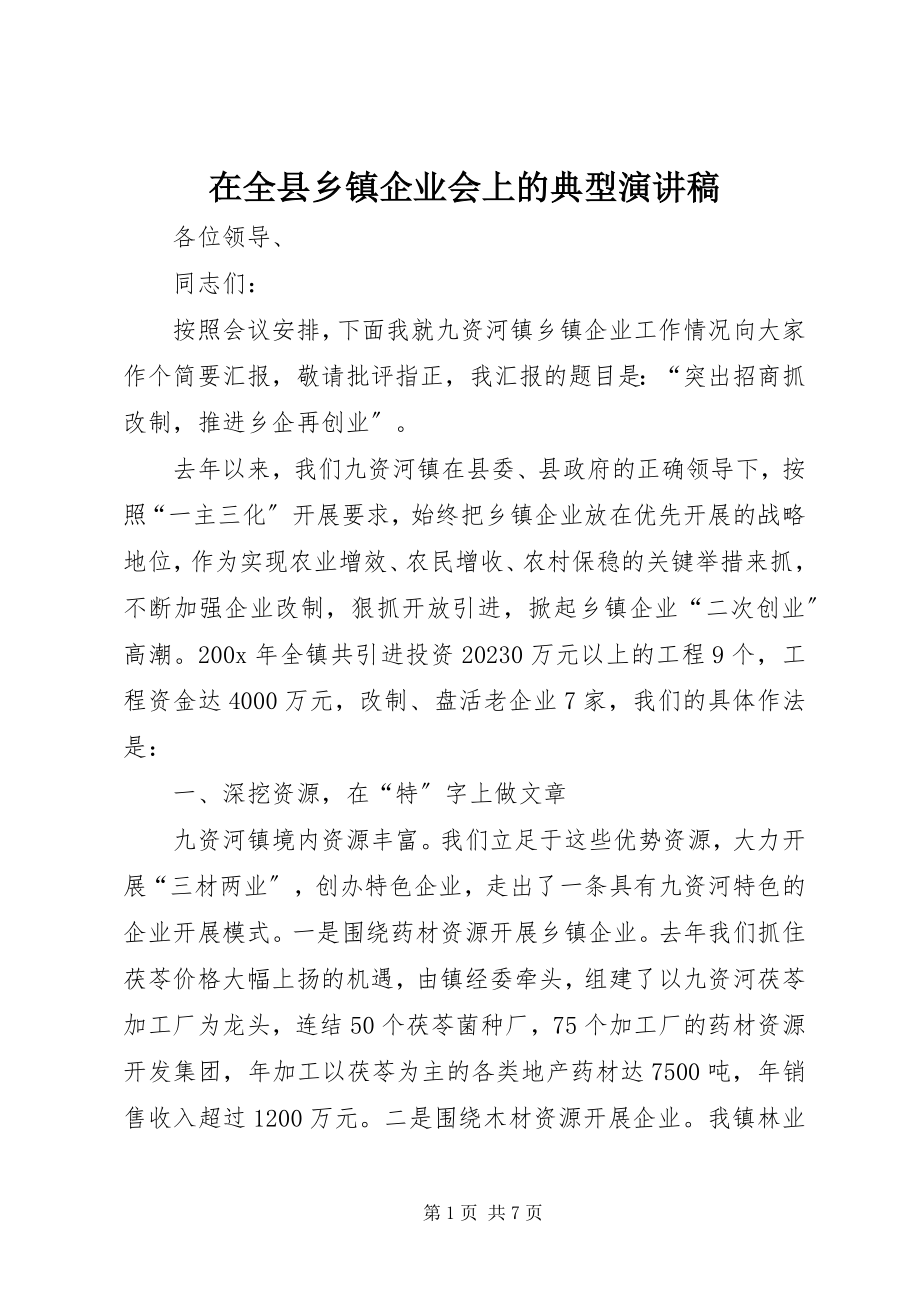 2023年在全县乡镇企业会上的典型演讲稿.docx_第1页