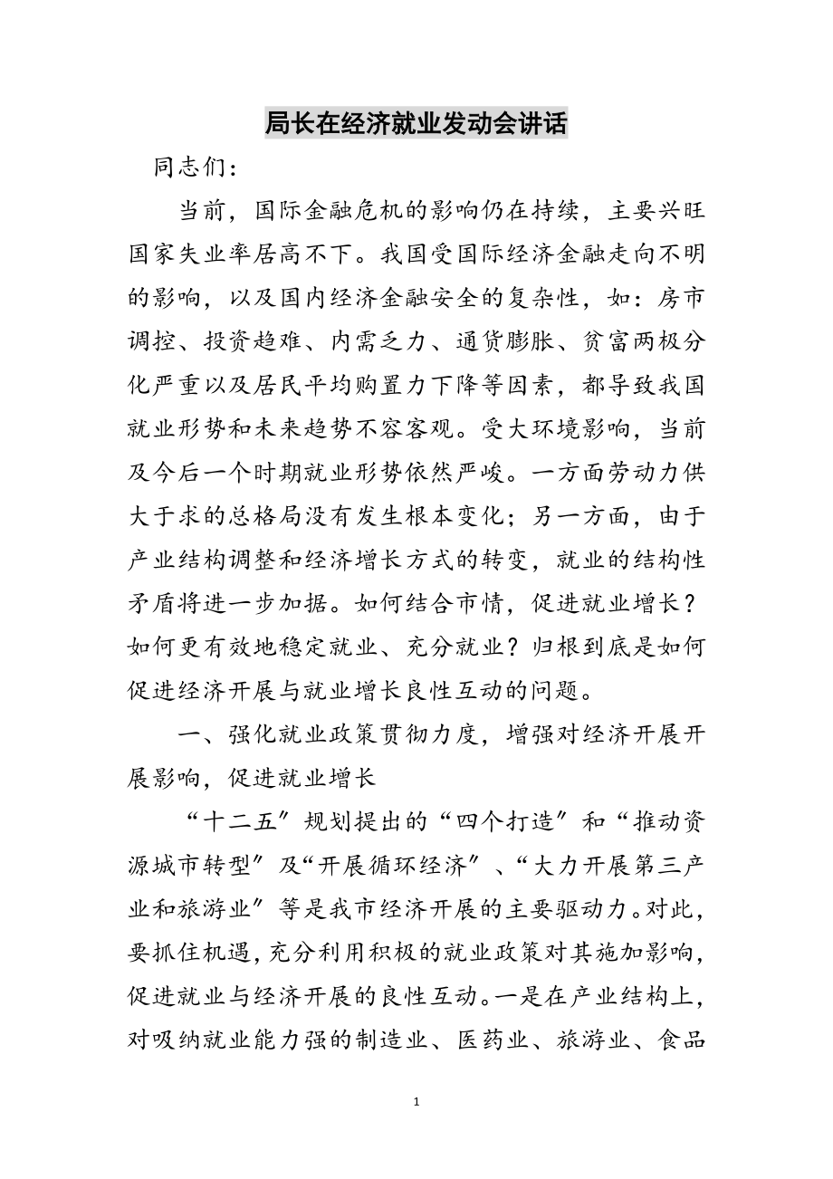 2023年局长在经济就业动员会讲话范文.doc_第1页