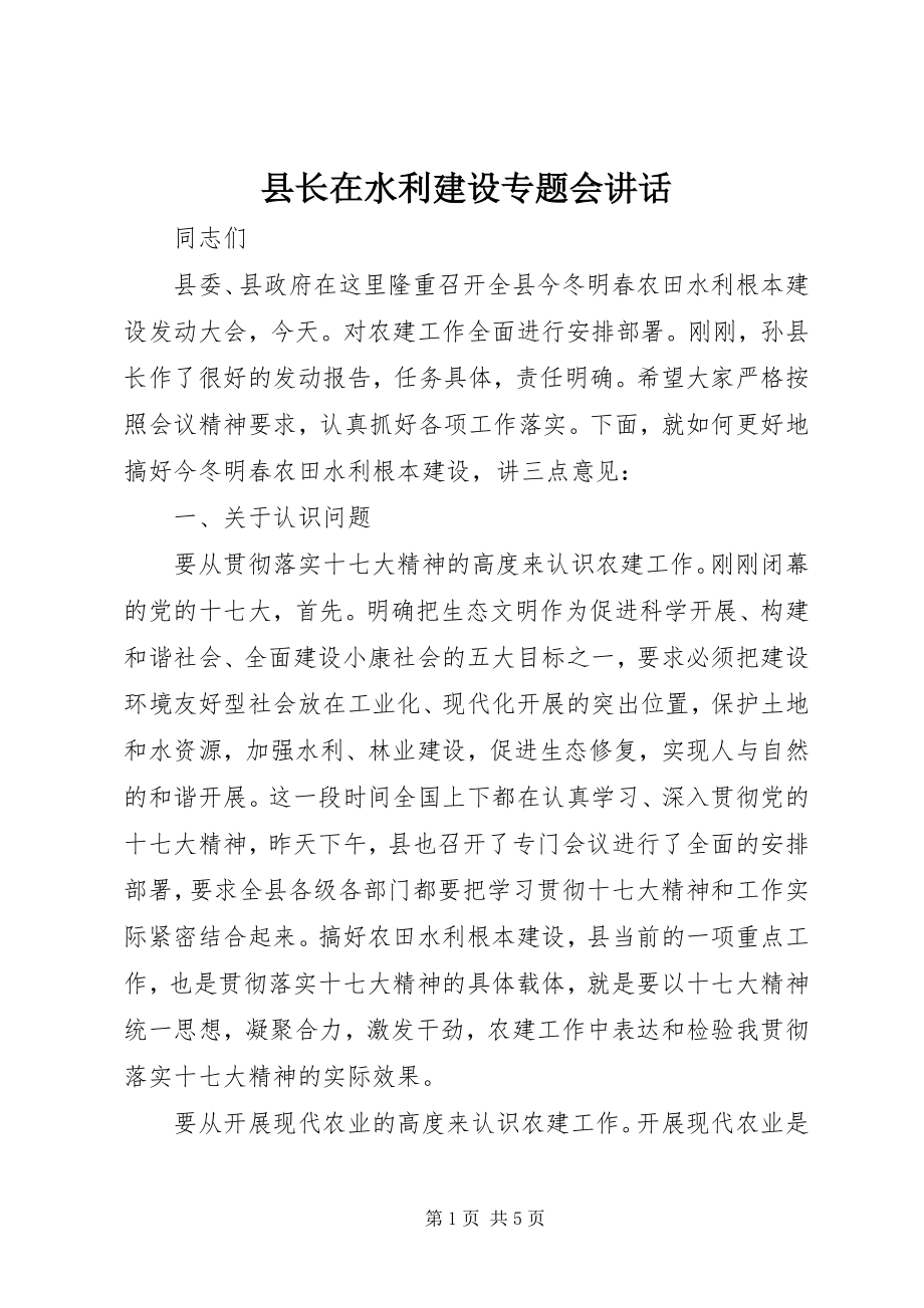 2023年县长在水利建设专题会致辞.docx_第1页