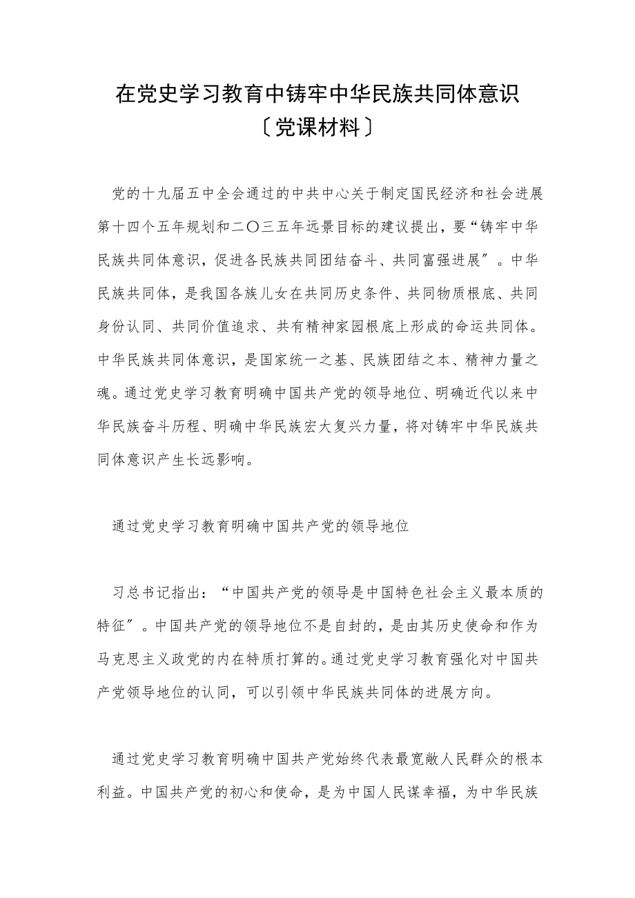 2023年在党史学习教育中铸牢中华民族共同体意识党课材料.doc_第1页