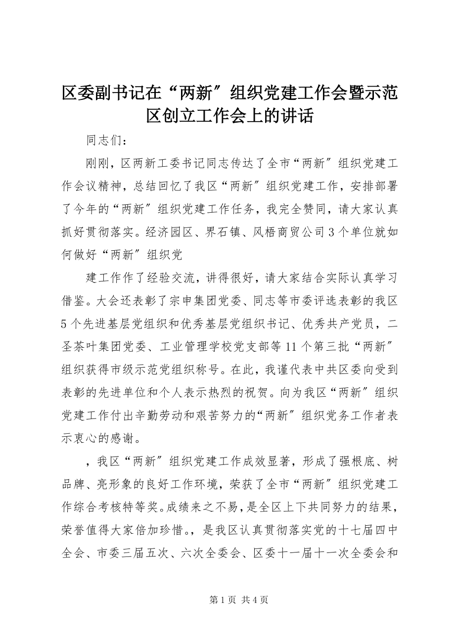 2023年区委副书记在“两新”组织党建工作会暨示范区创建工作会上的致辞.docx_第1页