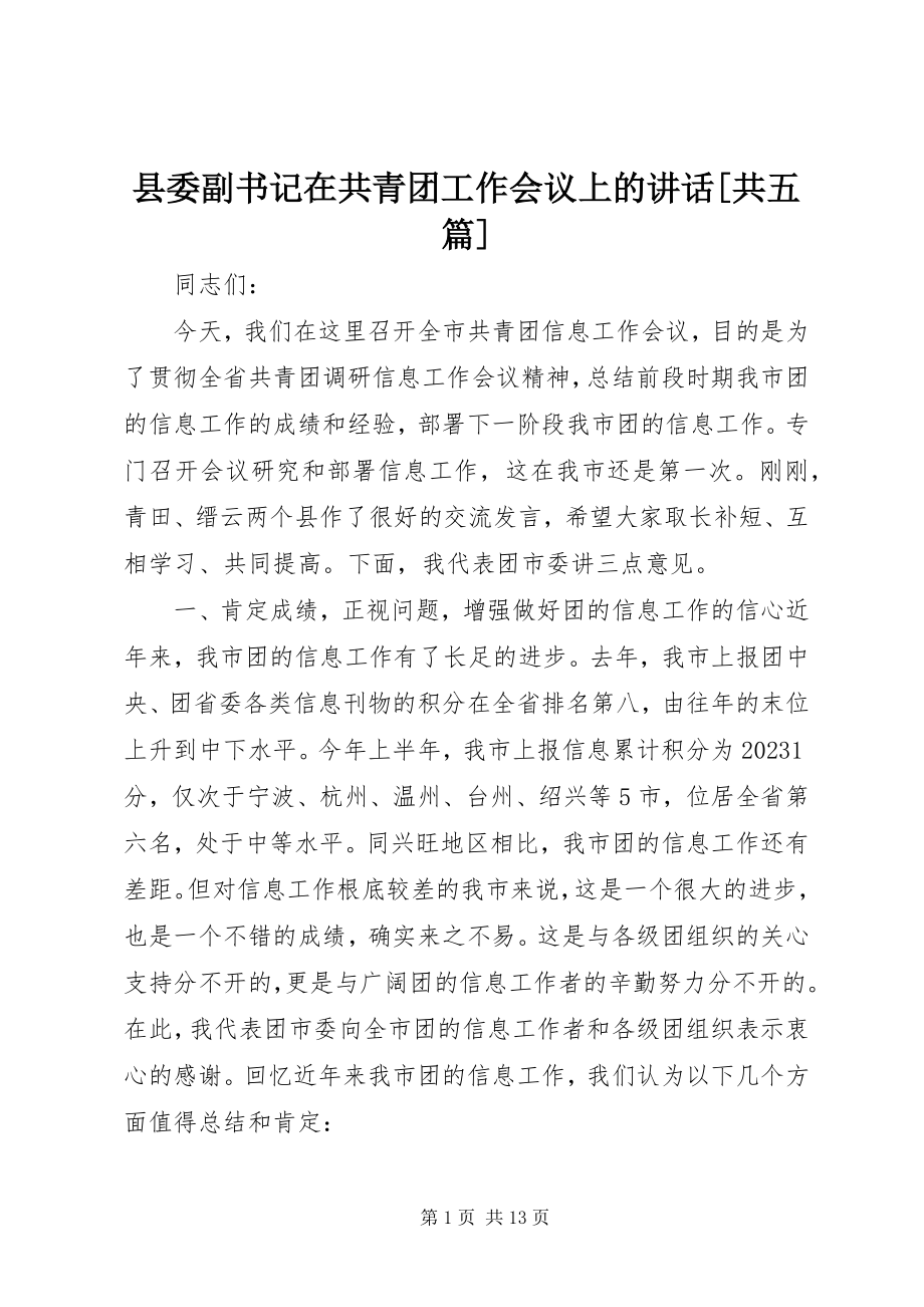 2023年县委副书记在共青团工作会议上的致辞共五篇.docx_第1页