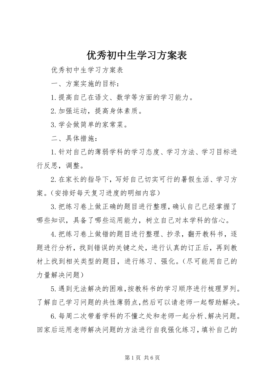 2023年优秀初中生学习计划表.docx_第1页