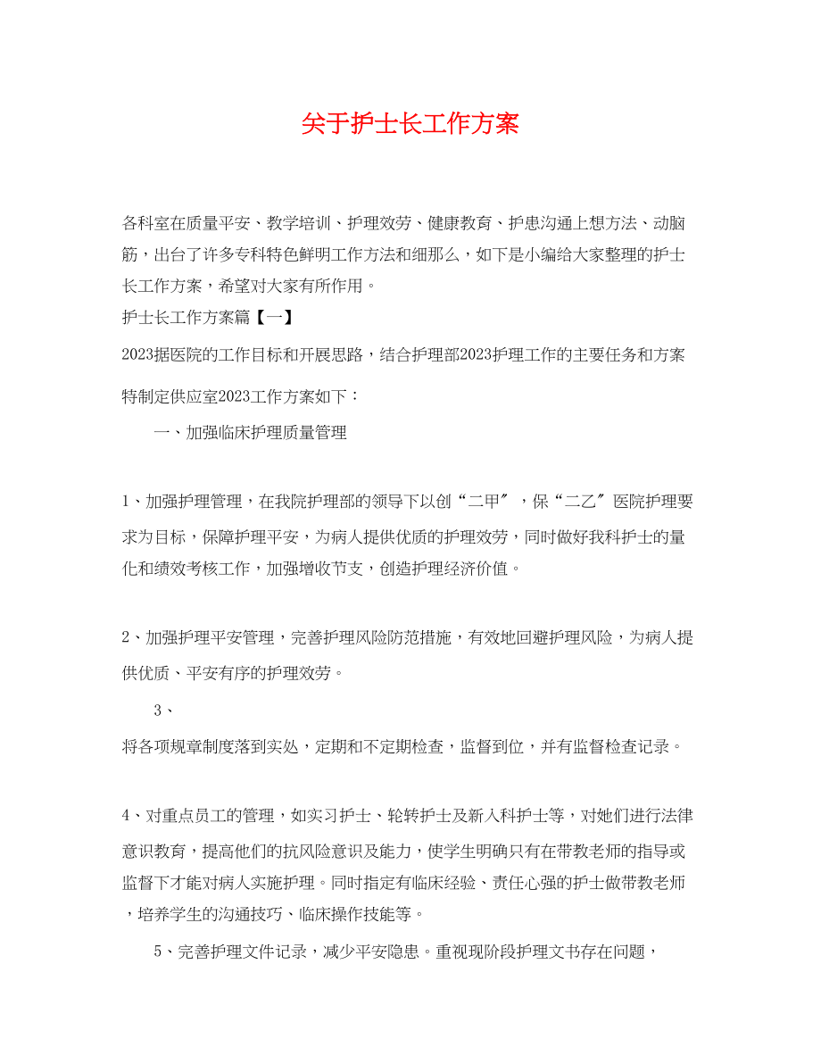 2023年关于护士长工作计划.docx_第1页