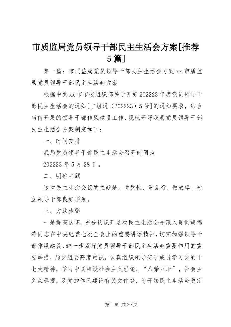 2023年市质监局党员领导干部民主生活会方案推荐5篇.docx_第1页