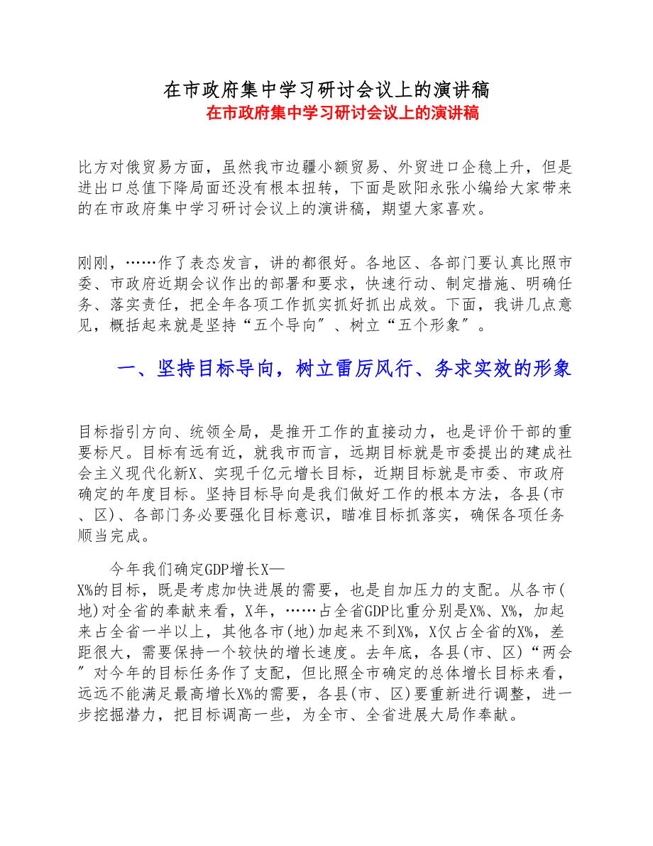 2023年在市政府集中学习研讨会议上的演讲稿.doc_第1页