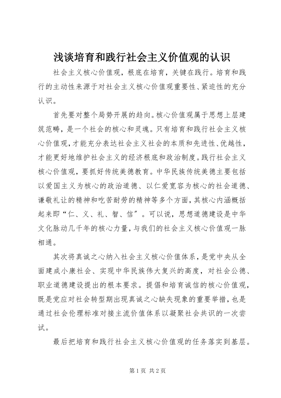 2023年浅谈培育和践行社会主义价值观的认识.docx_第1页