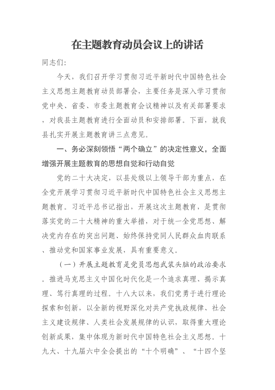 在主题教育动员会议上的讲话 .docx_第1页