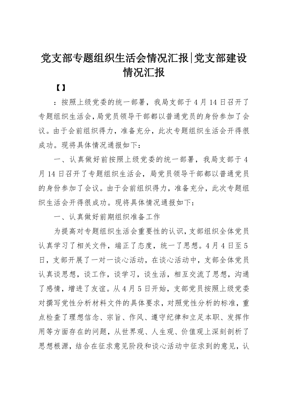 2023年党支部专题组织生活会情况汇报党支部建设情况汇报.docx_第1页